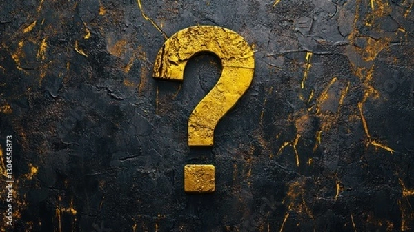 Fototapeta Golden Question Mark on Dark Textured Background: Enigma, Mystery, and Inquiry