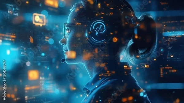 Obraz Woman, headset, data, tech, support, digital, future, communication, network, help