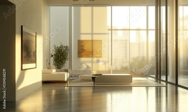 Fototapeta Elegant modern living room with sleek furniture and neutral tones, illuminated by soft natural light from large floor-to-ceiling windows, clean and inviting,