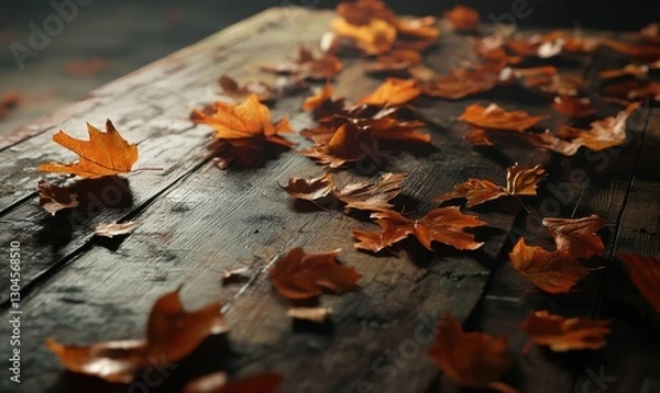 Fototapeta Freshly fallen autumn leaves scattered on a wooden table, soft natural light creating a warm seasonal visual