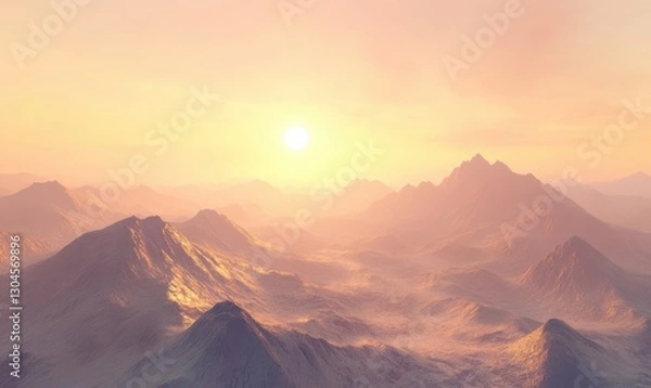 Fototapeta Scenic view of a mountain range under soft pastel sunrise hues, with golden sunlight illuminating the peaks creating a majestic natural landscape