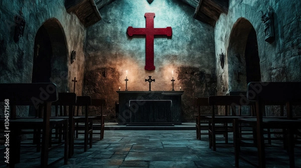 Fototapeta A medieval stone templar chapel interior with a red cross on the wall, an altar, and chairs in front of it, with dim lighting