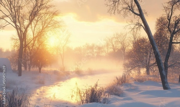 Fototapeta Idyllic snow-covered winter landscape with soft golden sunlight filtering through bare trees, creating a serene and tranquil atmosphere