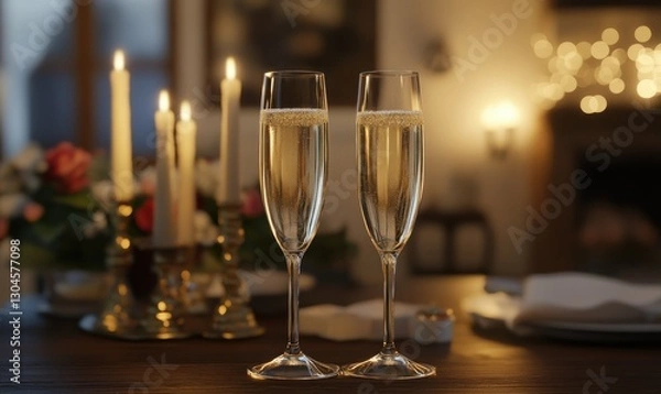 Fototapeta Luxurious champagne flutes placed on an elegant wooden table, surrounded by soft golden candlelight and subtle floral accents