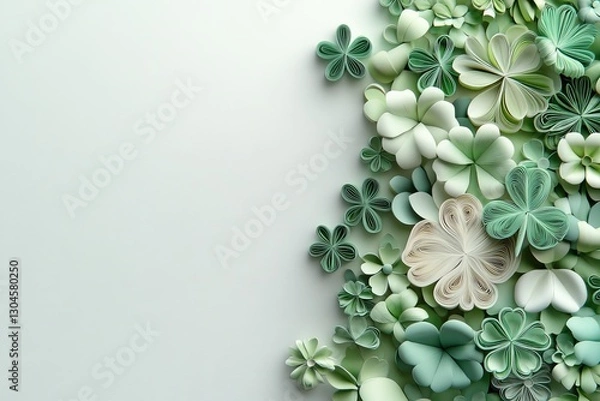 Fototapeta A St. Patrick's day banner featuring paper cut clover leaves on a white background, captured in a flat lay from a top view with copy space