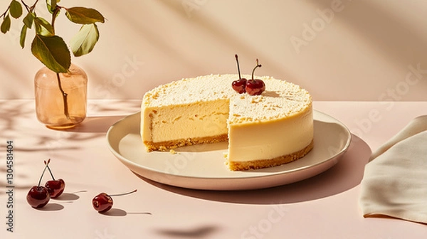 Fototapeta Lemon cheesecake on a white plate, decorated with cherries in a clean, bright aesthetics.