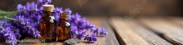 Fototapeta Aromatic lavender flowers and herbal oil in bottles on wooden background, lavender, spa