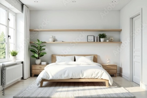 Fototapeta Bright white minimalist bedroom, floating shelves, geometric rug, minimalist design, headboard, airy