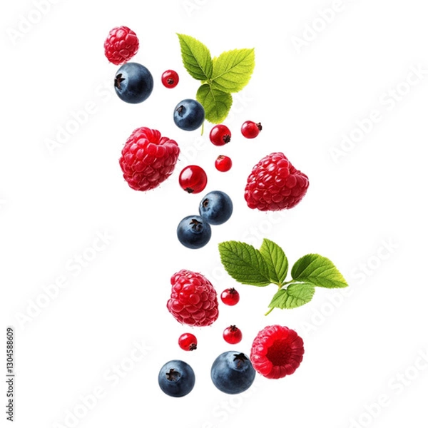Fototapeta Fresh Falling Berries Isolated on White Background, Juicy and Vibrant
