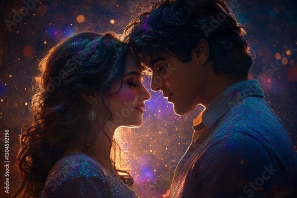 Fototapeta A couple, the woman in a traditional Indian dress and the man in colorful attire, is embracing and smiling in a vibrant, festive setting. The atmosphere is full of joy and celebration