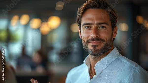 Fototapeta Man with a beard smiles confidently in a modern cafe setting filled with warm lighting during late afternoon