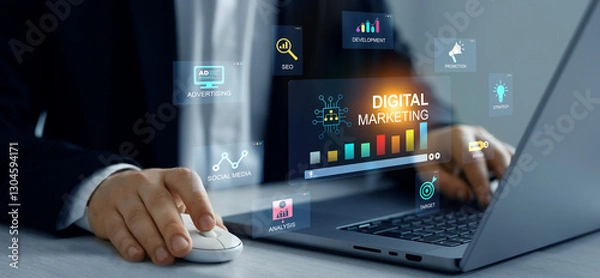 Fototapeta Digital Marketing development and goals strategy.Digital marketing for promotion of products with social media, email, website and channel search engine.Attract organic traffic for big sales.