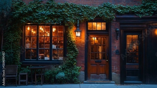 Fototapeta Charming Brick Building at Dusk with Ivy and Warm Lighting