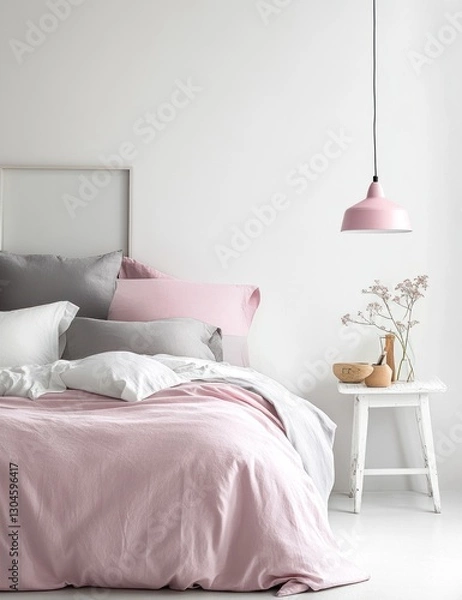 Fototapeta Pink bedding, grey pillows, white room.