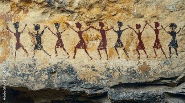 Fototapeta Ancient Cave Art Depicting Primitive Human Figures in Motion