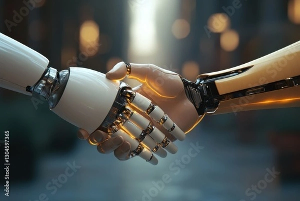 Obraz Friendly Robots Shaking Hands with Warm Light and Modern Design