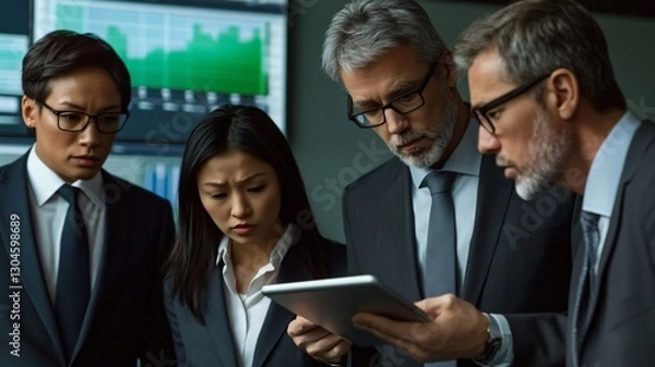 Fototapeta Focused Business Team in Formal Attire Analyzing Data in Office with Digital Charts