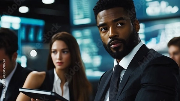 Fototapeta Team of Business Professionals Examining Financial Data on Tablet in High Tech Office