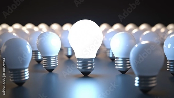 Fototapeta Interconnected Glowing Light Bulbs with One Dominant Idea on Gray to Black Gradient Background