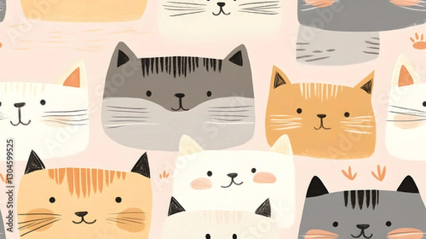 Obraz pattern with cute cats. Hand drawn illustration.