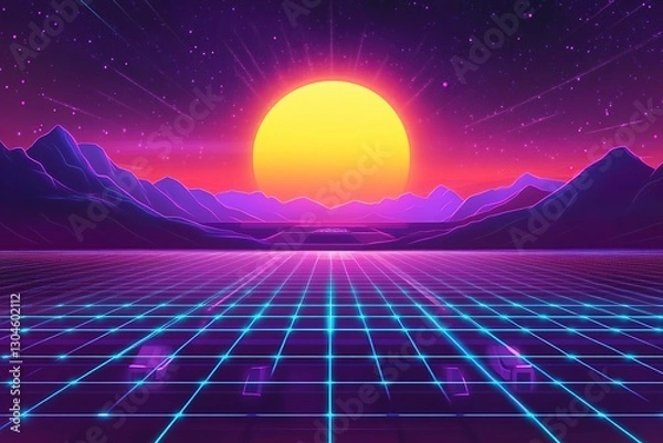 Fototapeta Retro Cyberpunk Sunset Landscape 80s Synthwave Grid, Mountains & Neon
