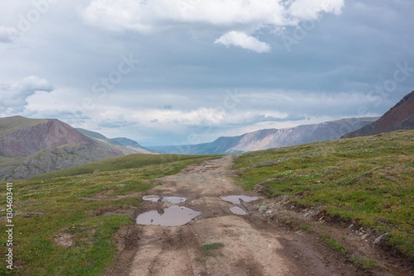 Fototapeta Dramatic landscape with puddle of water on dirt road on grassy flowering hill in wide alpine valley. Sunlit long mountain range far away under gray cloudy sky. Changeable weather in high mountains.