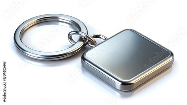 Fototapeta Low Light Steel Keyring Chain Photography: Blank Round Square Metallic Keyring Isolated