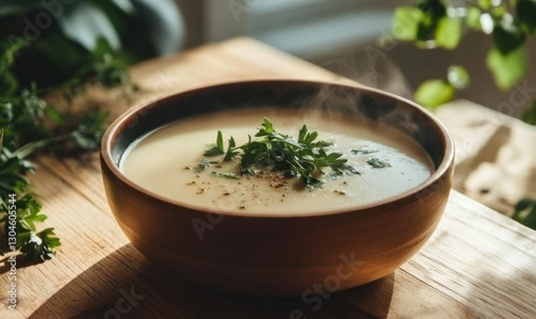 Fototapeta Creamy soup garnished with herbs in a wooden bowl, steaming.