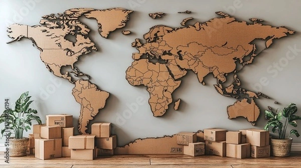 Fototapeta boxes near a world map, travel, adventure, moving out