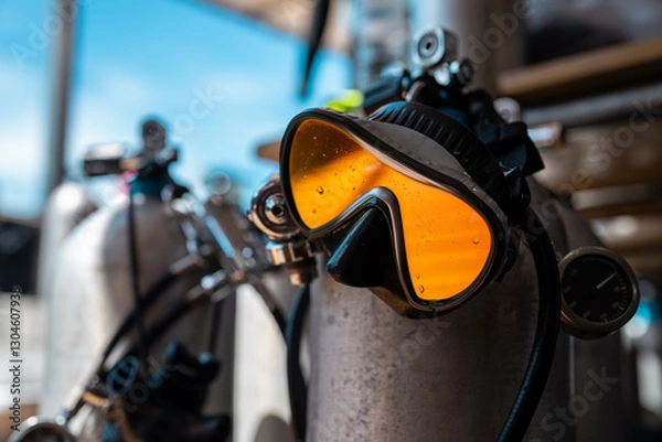 Obraz Diving equipment on a liveaboard. Airtank, Mask and Hoses