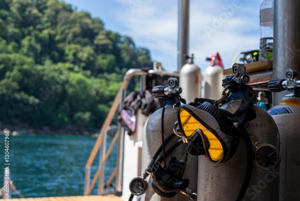 Obraz Diving equipment on a liveaboard with an Island in the Background. A mask is hanging on a airtank 