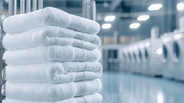 Fototapeta Neatly folded white towels in a modern laundry facility