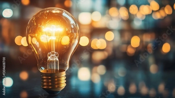 Fototapeta Reflective Light Bulb on Polished Surface Symbolizing Business Inspiration and Realism