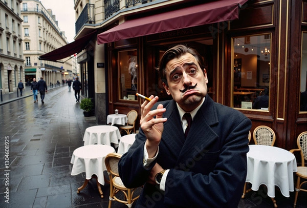 Fototapeta Un homme excentrique à la moustache expressive posant devant un café Parisien
