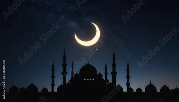 Obraz Elegant Hanging Golden Lanterns with Crescent Moons and Stars on Dark Purple Background, Ramadan Decor
