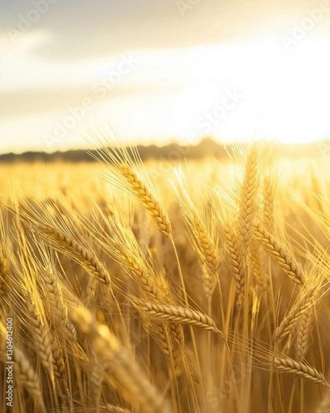Fototapeta Close-up of a field of ripe wheat. the wheat is golden in color and appears to be ready for harvest. the field is vast and stretches out into the distance, with the horizon visible in the background.
