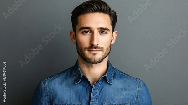 Fototapeta Stylishly Accessorized Man with Dark Hair and Light Stubble in Casual Professional Attire