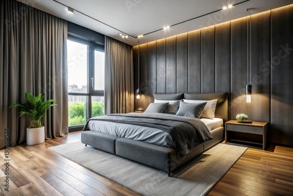 Fototapeta Minimalist Grey Bedroom Photography: Stylish Grey Bed, Black Walls, Interior Design
