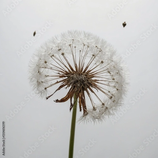 Fototapeta "A dandelion seed head with a few seeds drifting away, captured against a pure white backdrop."