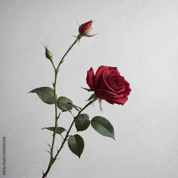 Fototapeta "A rose stem elegantly bending as if floating in space against a white background."