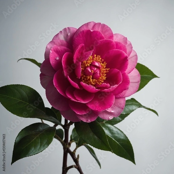 Fototapeta "A vibrant fuchsia-colored camellia with deep contrast against a glowing white backdrop."