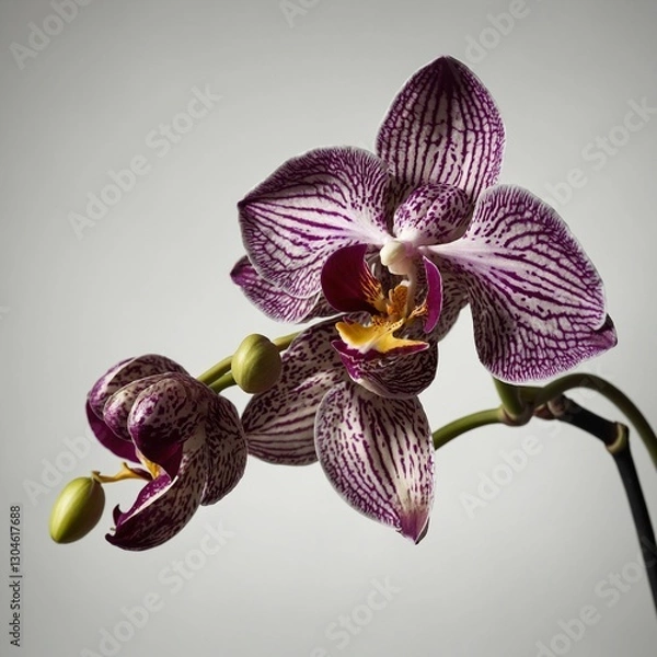 Fototapeta "A single exotic orchid with soft directional lighting casting elegant shadows on a white surface."