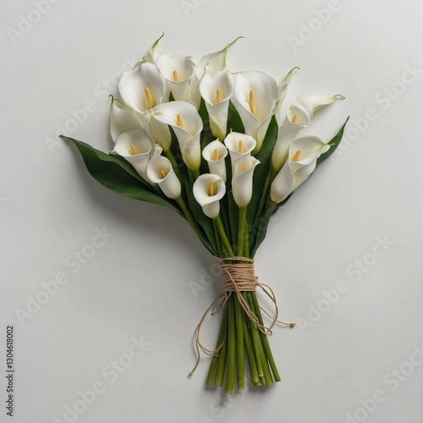 Fototapeta "A neatly tied bundle of white calla lilies arranged simply on a pure white background."