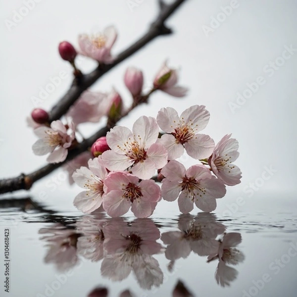 Fototapeta "A few cherry blossoms gently placed on a reflective surface, merging with a white backdrop."