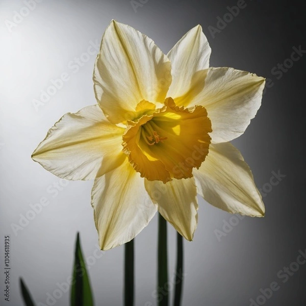 Fototapeta "A glowing yellow daffodil with backlight, making the petals appear almost translucent on white."