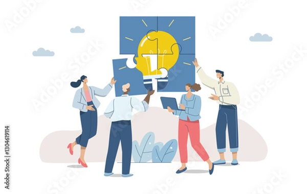 Fototapeta Team meeting to develop common ideas, Business team brainstorming, Teamwork with all employees involved, Business people connecting light bulb jigsaw puzzle together. Flat vector illustration.
