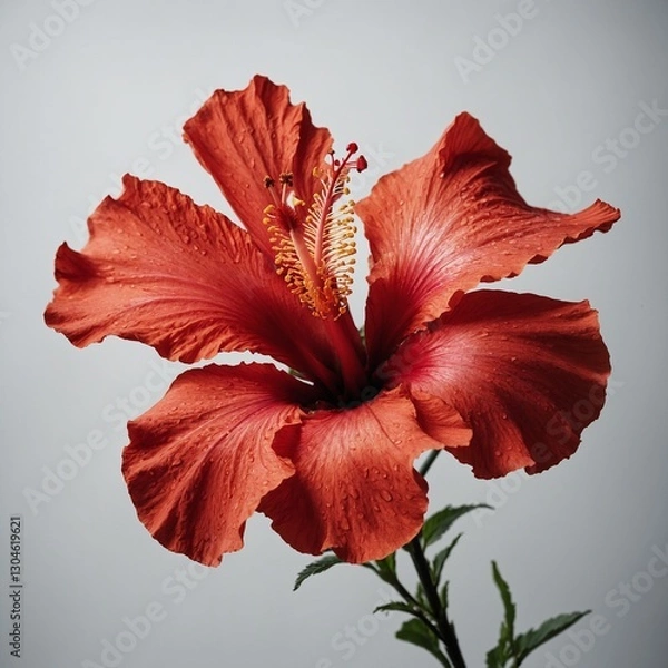Fototapeta "A vivid red hibiscus with fully open petals, placed against a high-key white surface."