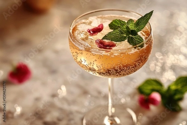 Fototapeta Refreshing cocktail with sparkling fizz served in a coupe glass adorned with mint and flower petals at a trendy bar