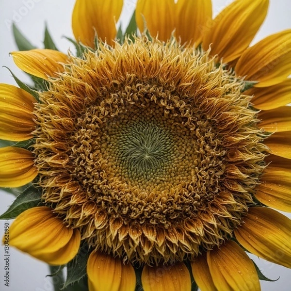 Fototapeta "A macro shot of a vibrant sunflower, highlighting intricate petal textures on a white backdrop."