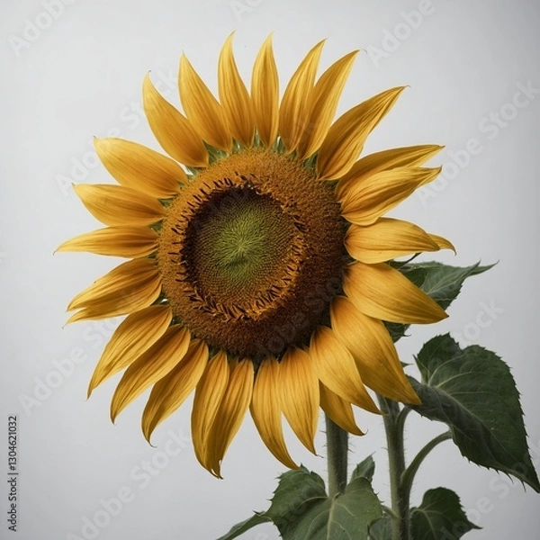 Fototapeta "A fully bloomed sunflower with a rich golden center, set on a pure white backdrop."